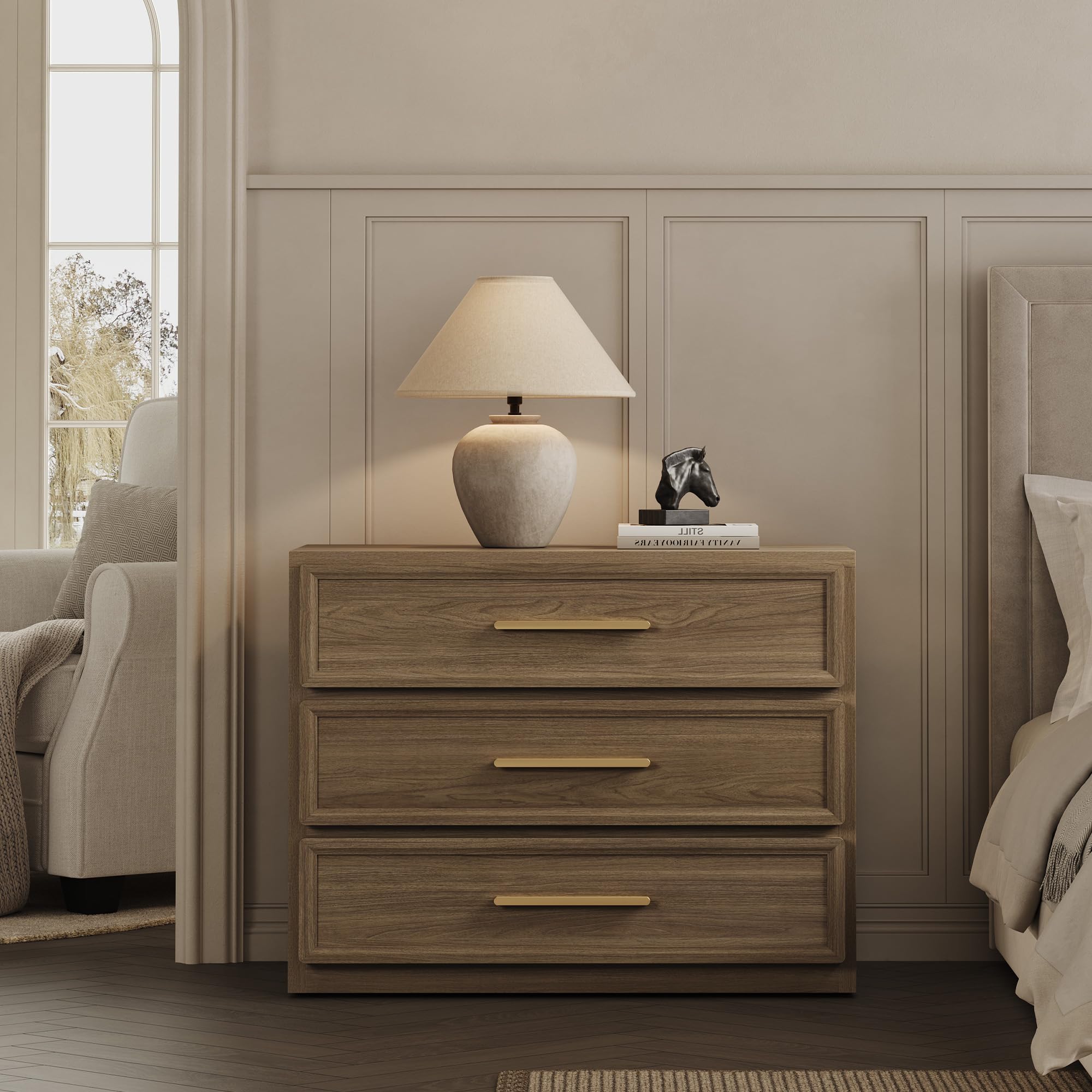 SICOTAS Night Stand Oversized Extra Large Nightstand Tall Bedside Side Table with 3 Drawers with Storage Modern End Table with Golden Handles Night Stands for Bedroom Sofa Couch Office