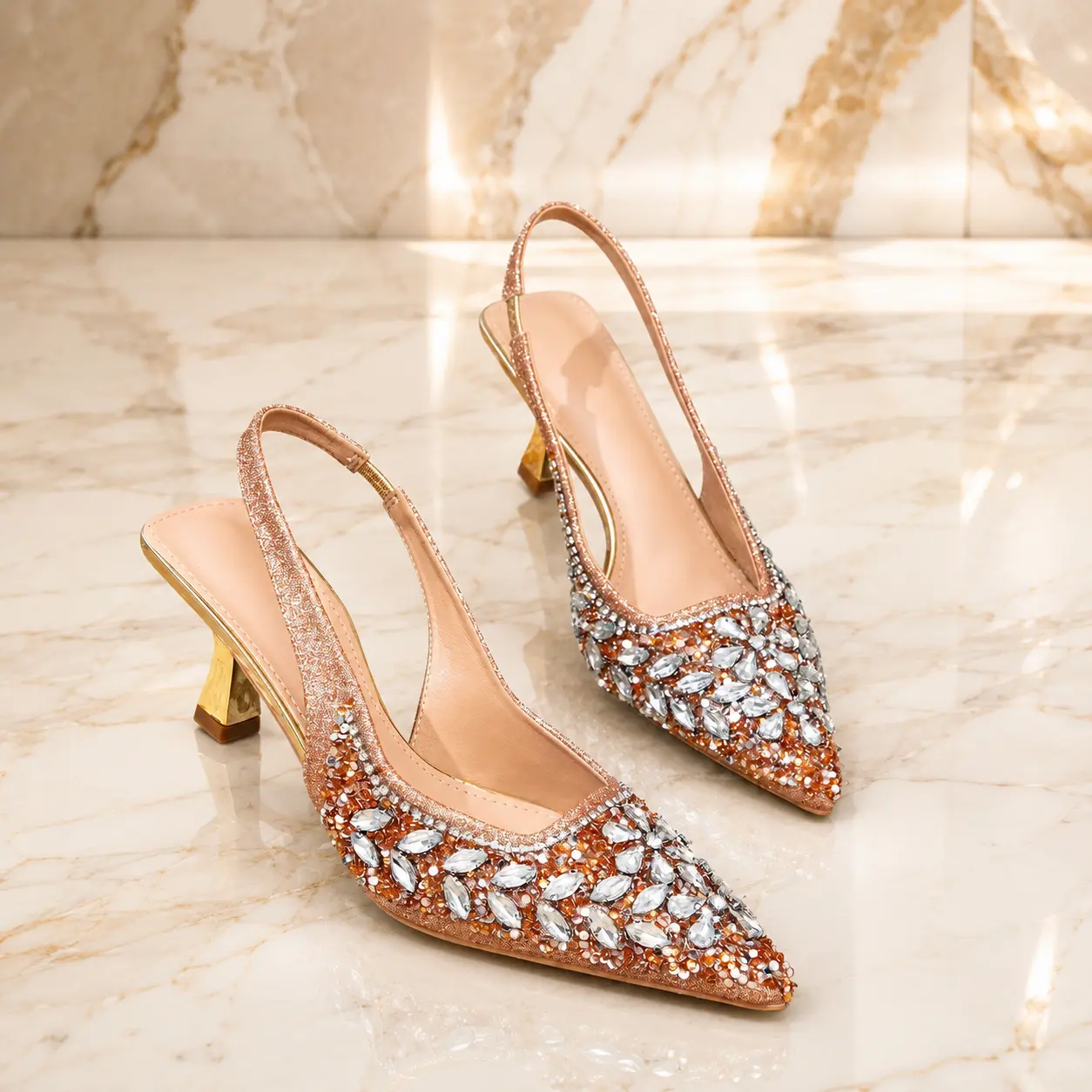 Women's Elegant Slingback Kitten Heels Pumps - Diamond Buckle, Pearls, Sequins, Pointed Toe Romantic Heels for Party, Wedding US Size 10 Silver, Champagne Gold, Gold Footwear Shimmering Champagne Gold Shimmering Shoe heels for women platform heels Fashion