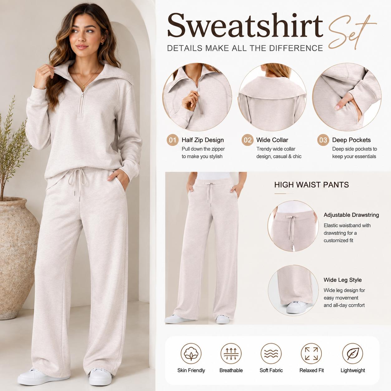 OFEEFAN Womenswear Lounge Sets For Women 2026 Half Zip Sweatshirt And Wide Leg Sweatpant 2 Piece Outfits Sweatsuit Tracksuit Fashion Enthusiast  Casual Outing Clothes