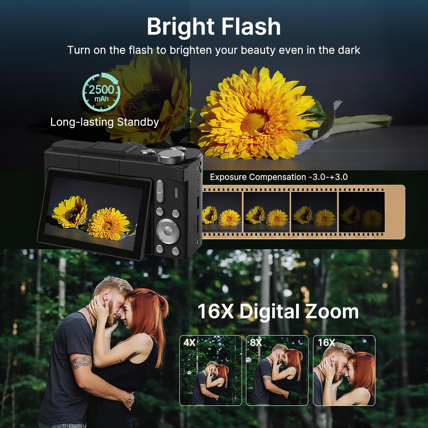 4K Digital Camera for Photography Vlogging Compact Travel Cameras Autofocus for YouTube with 3" 180° Flip Screen 64MP 16X Digital Zoom Point And 32GB SD Card Shoot Camara for Teens Ages 8-18 Beginners