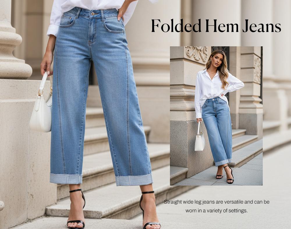 Sidefeel Women's High Waisted Wide Leg Cropped Denim Jeans Relaxed Fit Light Wash Jeans with Rolled Cuffs