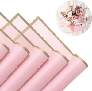 20 Sheets Gold Edge Flower Wrapping Paper, Florist Bouquet DIY Craft Fresh Flower Bouquet Wrap Waterproof Floral Wrapping Gift Box Packaging Material Florist Supplies, 22.8*22.8 Inches(Pink)