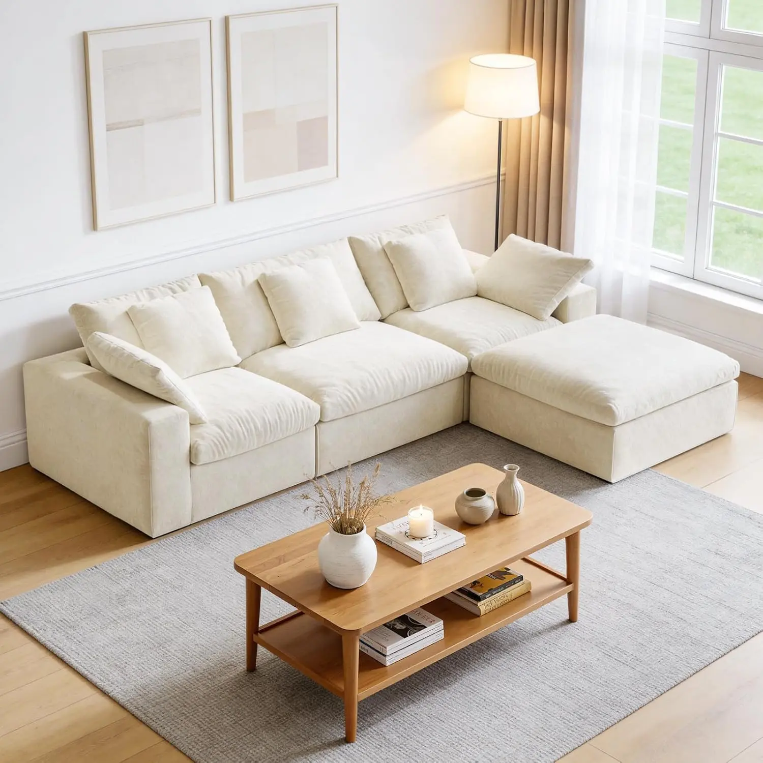 【2 Packages Shipping】HipyMo 120" L-Shaped Boneless Cloud Couch, Compressed Sofa, No Assembly Required - Modular Sectional Sofa with Ottoman and Extra-Wide Armrests, Deep Seat Sectional Couches for Living Room,  Space-Saving Recliner Design