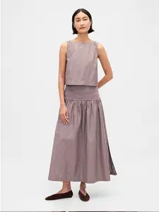 Poplin Drop-Waist Maxi Skirt Color Brown Stripe