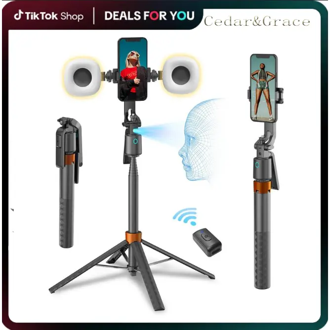 360-Rotatable Selfie Stick Tripod for iPhone, Mobile Phone Recording Accessory with Bluetooth Remote, Rechargeable Smart Face Tracking Grip, 2 Fill Lights, Portable Party Gift with Storage Function, Automatic