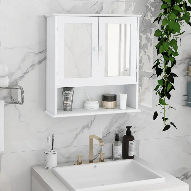 Wall-Hanging MDF Bathroom Storage Cabinet - Classic Durable, 2 Mirror Doors, 1 to 3 Adjustable Shelves, French Country Decor, Hidden Design, Single Unit, Assembly Required Organizer