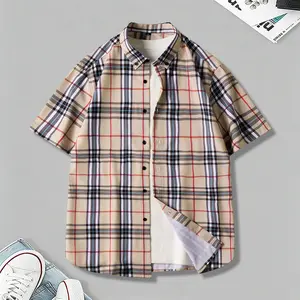 Men's Plaid Paneled Shirt Slim Fit Short Sleeve Buttoned Color Block Casual Menswear No T-shirt Included