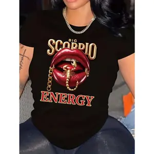[100% Cotton] Women'S Big Scorpio Energy Graphic Tee - Casual Black Crew Neck T-Shirt With Red Lips & Golden Chain Detail, Short Sleeve, Polyester Blend, Machine Washable - Perfect For Spring & Summer, Ladies T Shirts T-Shirt For Men And Women