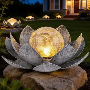 ISUNMEA Solar Lights Outdoor Garden, Crackle Globe Glass Lotus Decor, Waterproof LED Metal Flower Decorations for Patio,Lawn,Walkway,Tabletop,Ground