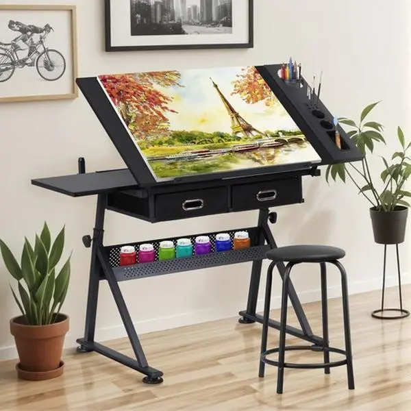 Zenstyle Rectangular MDF Board Drafting Drawing Table Set - Tiltable Tabletop Workstation, Adjustable Height w/Stool, for Arts & Crafts, 34x23.62x0.7", 23.6x15x0.7", 12.4x18.8x3.9", 3.9x3.5"