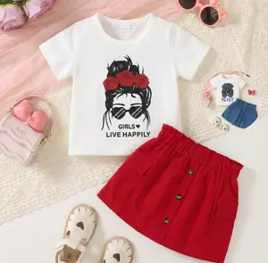 Ready Stock Girls' Casual Summer Set Floral Girl Print T-Shirt & uttoned Cargo Skirt 2Pcs Clothing 22504012