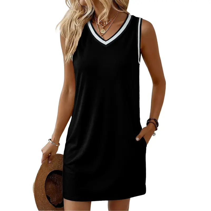 EVALESS Women's Soft Polyester/Cotton Casual Striped Summer Beach Dress - Sexy Cool V-Neck, Sleeveless A-Line Swing, with Pockets, 80% Poly, 20% Cotton, Wedding-Ready Grab-And-Go Women's Fashion Dress