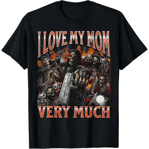 Men's 25% Cotton Unisex Crewneck T-Shirt - Top, Relaxed Fit, Shortsleeve, Oversized, Funny Hard Skeleton Meme, "I Love My Mom Very Much" Bootleg Design
