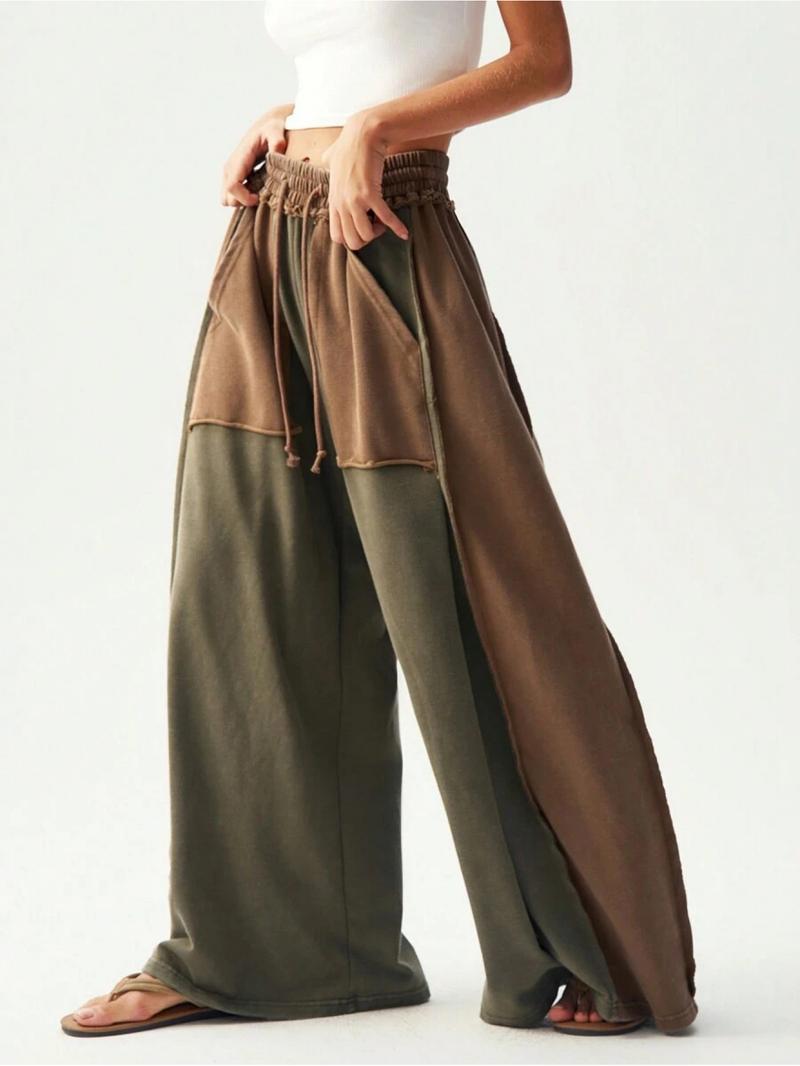 BOHO Ladies' Casual Knitted Patchwork Color Loose Wide-Leg Washed Pants