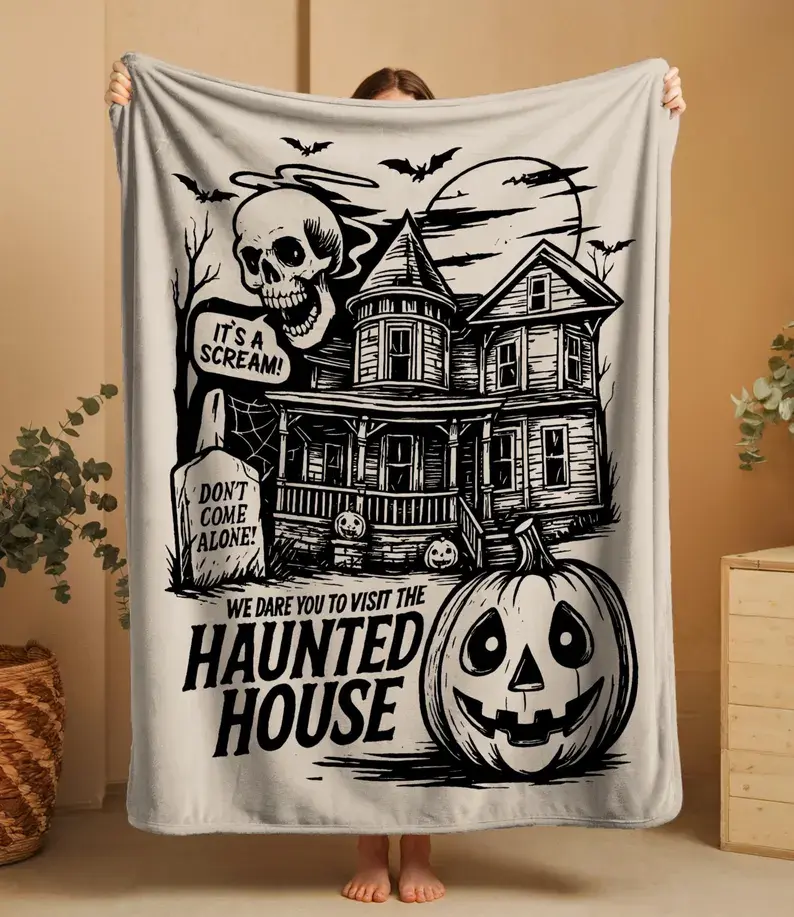 Halloween Haunted House Blanket,Spooky Halloween Blanket,Custom Haunted House Blanket,Creepy Pumpkin & Skull Blanket,Scary House Blanket , Gift Blanket  Decor Christmas and Halloween and Birthday