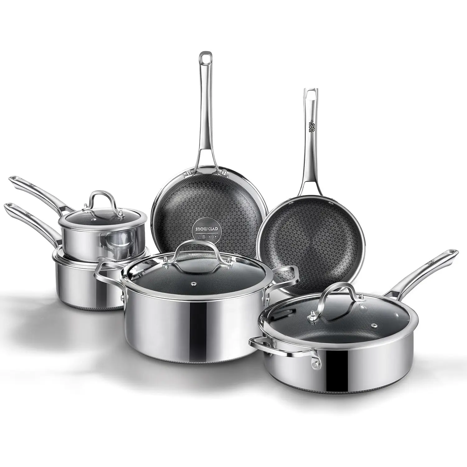 SNOWCLAD 10-Pc & 14-Pc Hybrid Metal Cookware Sets with Lids – Nonstick Stainless Steel Pot Sets for Cooking, Frying Pans, Oven Safe, Dishwasher Safe, Induction Ready, Nontoxic, PFOA Free, Nontoxic Cookware Sets