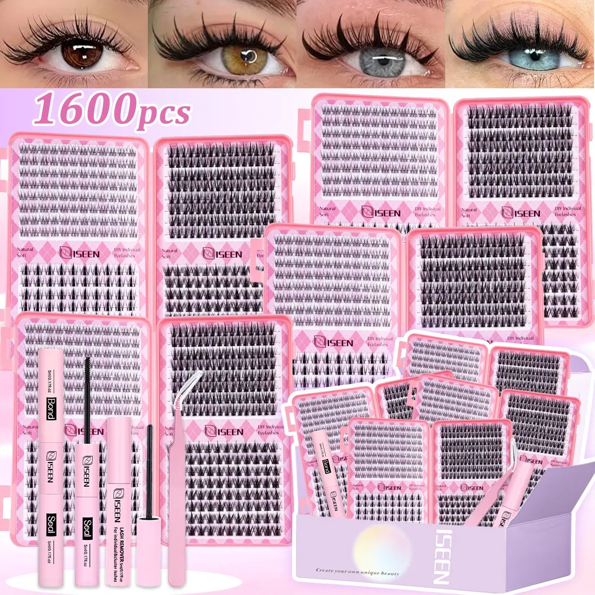 1600 pcs Mixed-Style D-Curl Cluster False Eyelashes Kit, Makeup, 4 Styles Natural Manga Lashes with Bond, Seal, Remover and Tweezers, Wet-Look Fluffy DIY Individual Eyelashes Extensions