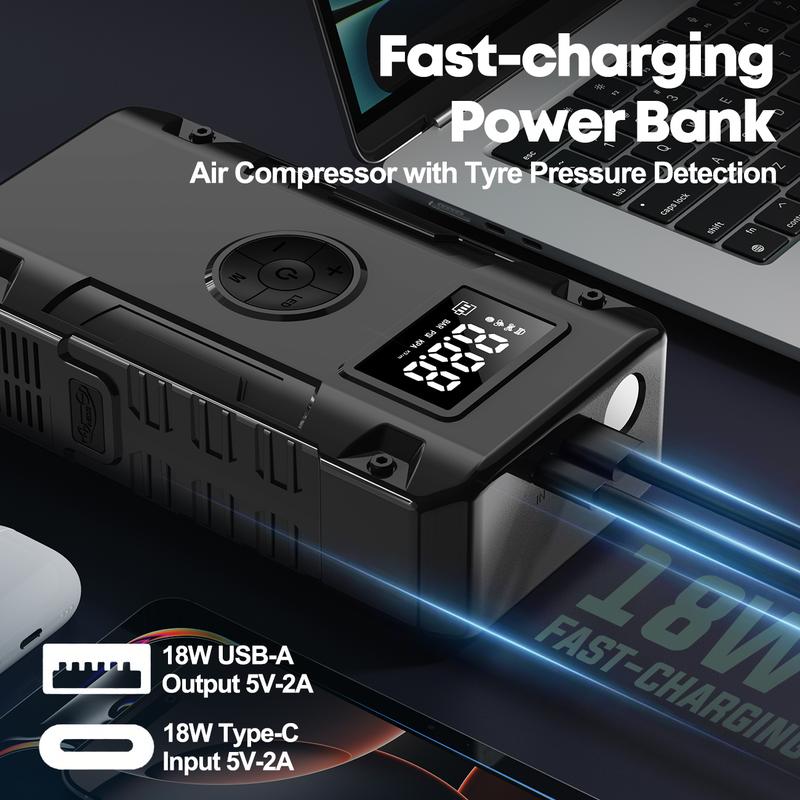 1pc 5-in-1 Jump Starter with Air Compressor-5000A Peak Power, 150PSI Digital Tire Inflator, ABS Material, USB Rechargeable, for Gas/Diesel Vehicles, Portable with LED Emergency Lighting, Auto Shut-Off, Tire Pressure Detection & Adjustment, Quick Charge