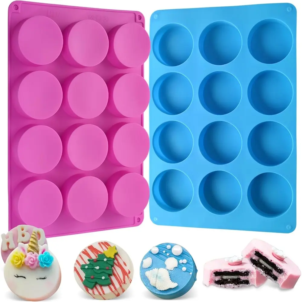 2-PCS Thick Reusable Silicone Baking Molds - 10.7 in x 7.3 in Round Cylinder Tins, Home Baking Supplies, Candy Mold Chocolate & Sweet Moulds, Bakery Style for Oreos Covered in Chocolate, Mini Cakes, Soap, Reusable Mold