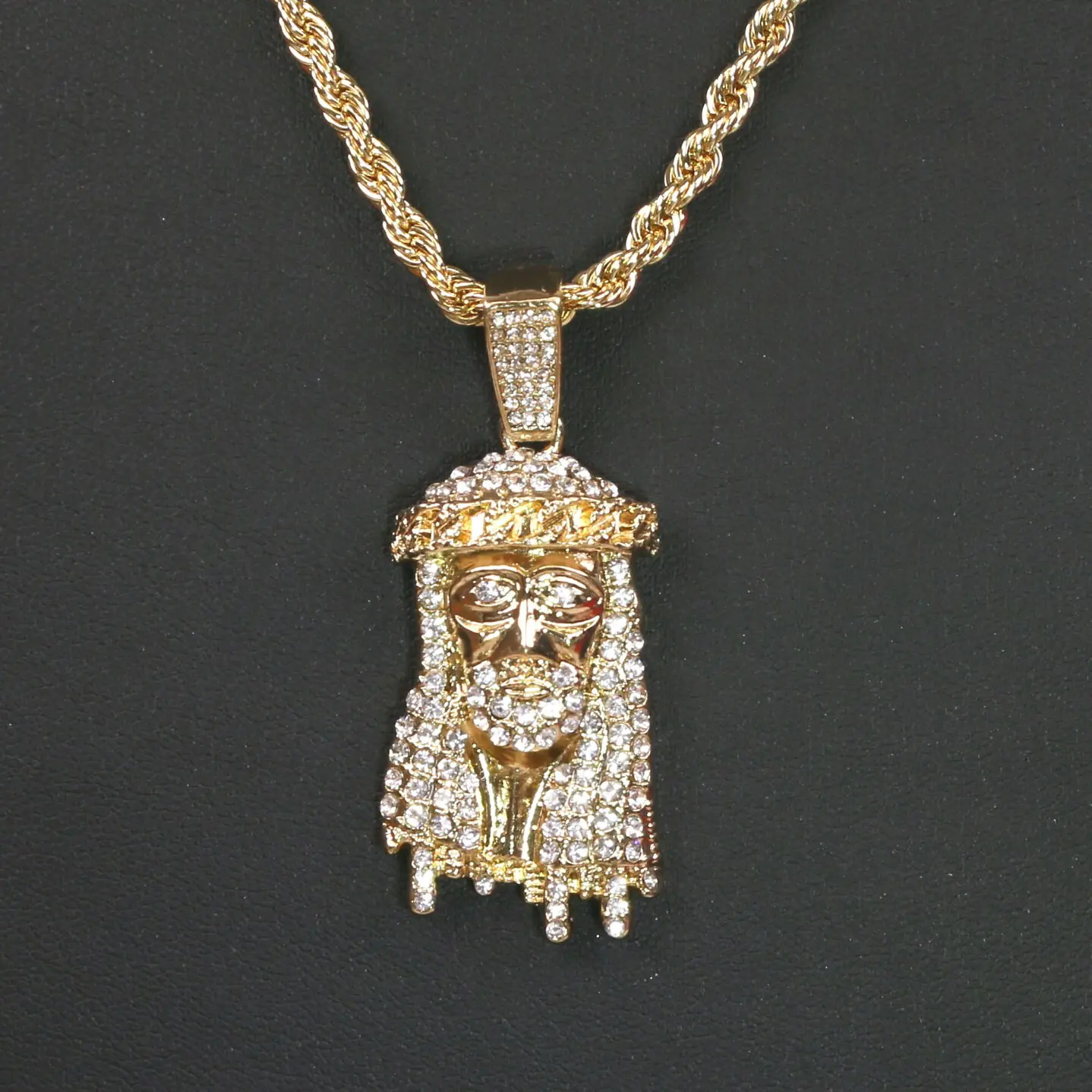 MaxBling81 Iced Jesus Head CZ Gold-Plated Cross Design Pendant with 4mm 24" Rope Chain Necklace, Hip Hop Celebrity-Style Fashion Costume Jewelry Accessory for Casual Daily Wear