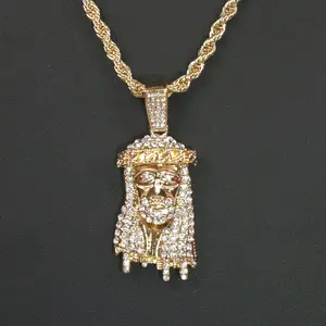 MaxBling81 Brand New Hip Hop Celebrity Style Iced Jesus Head CZ Gold-Plated Cross Design Pendant with 4mm 24" Rope Chain Necklace, Casual Daily Costume Fashion Accessory
