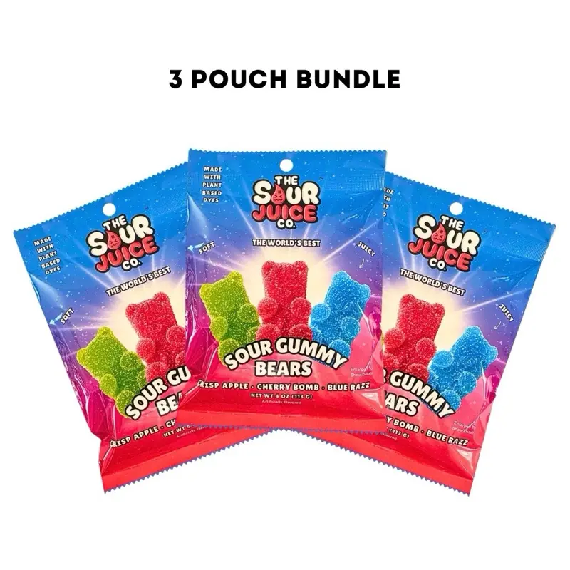 Halal Sour Gummy Bears Trio Pack — 3 Mixed Pouches (Cherry Bomb, Blue Razz, Crisp Apple)