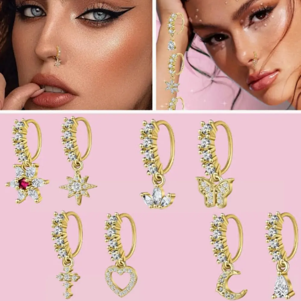 High Quality Jewelry 8-Piece Gold-Plated Nose Rings Set - Adjustable Septum Piercing Accessories with Cross, Butterfly Designs and Cubic Zirconia
