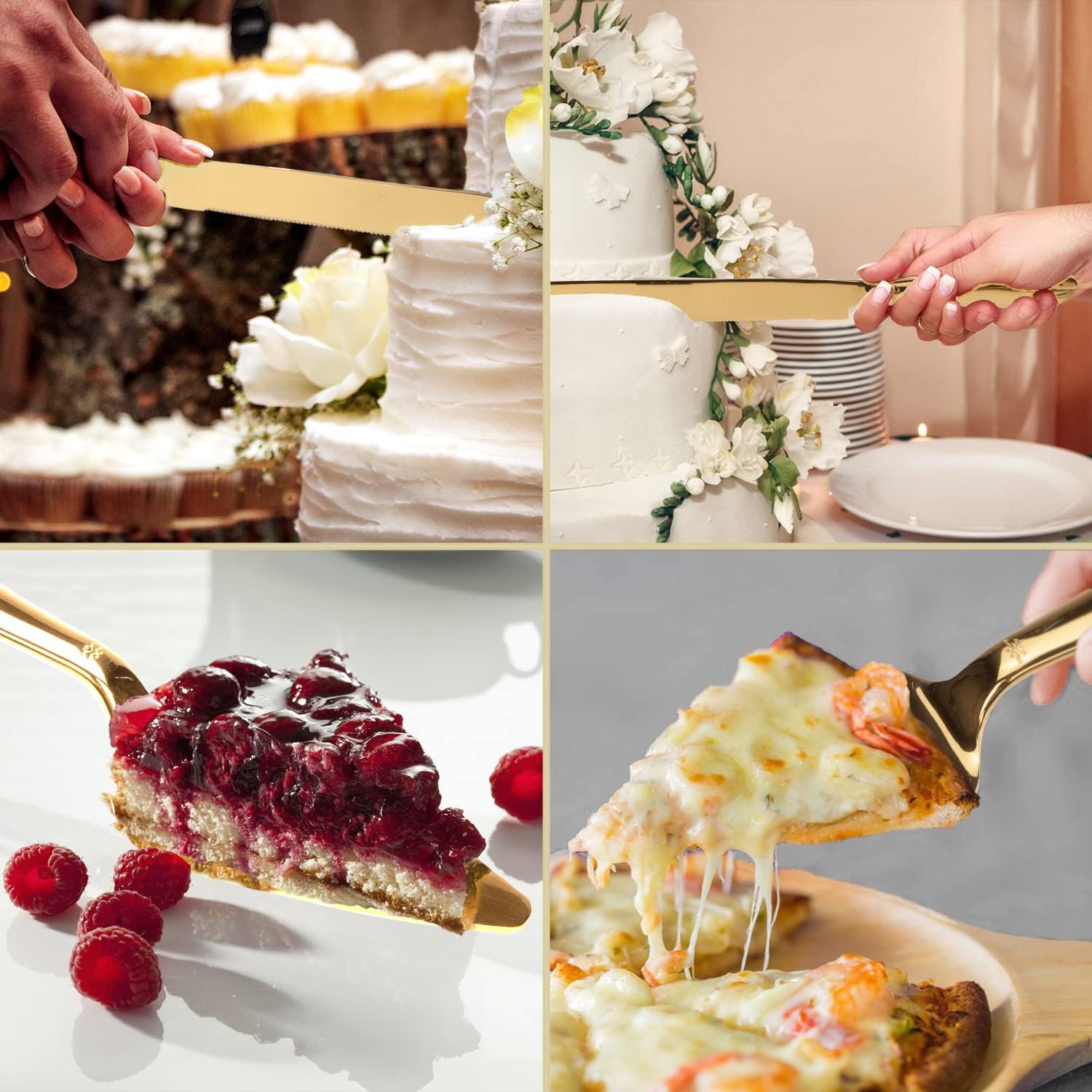 Cake Cutting Set for Wedding, Elegant Knife and Server with Thickened Stainless Steel Rounded Edges, Cutter Pie Spatula Birthday Anniversary Christmas Gift of 2, Gold Bakeware Utensils