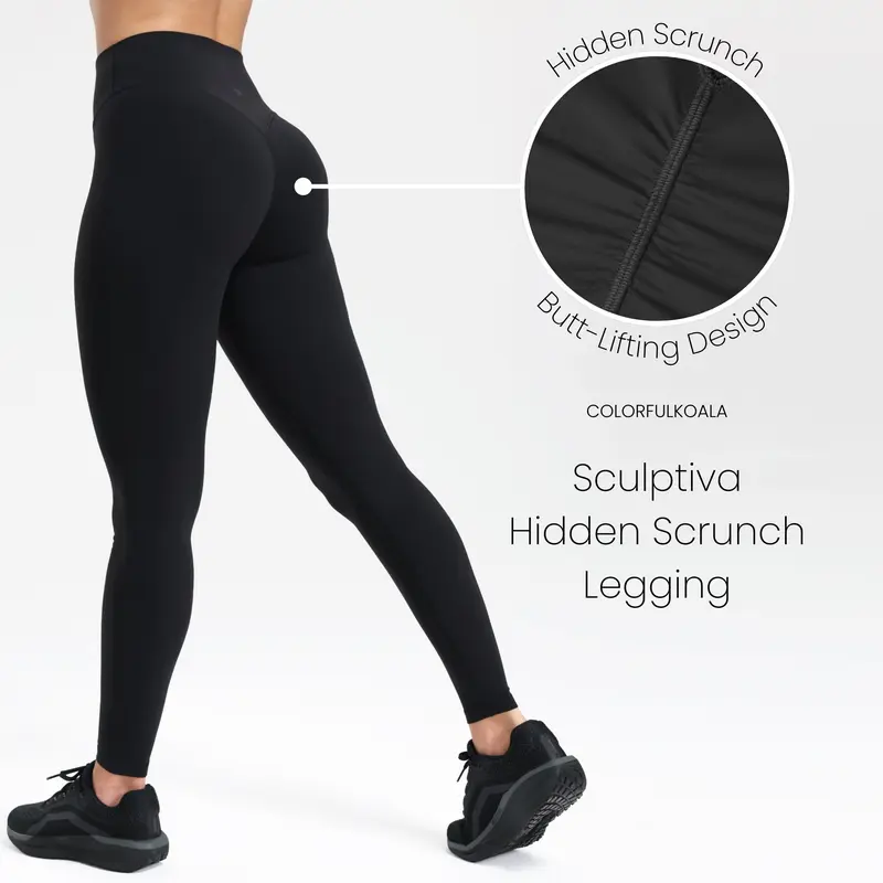 Colorfulkoala Sculptiva Hidden Scrunch Leggings for Women, No Front Seam Butt-Lifting Yoga Pants with Tummy Control,travel essentials,camping essentials
