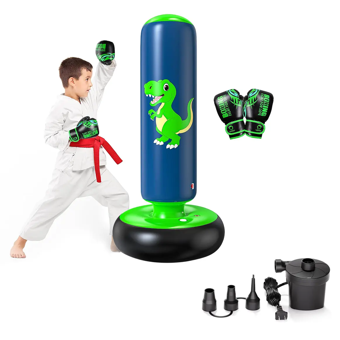 QPAU Dinosaur Inflatable Punching Bag & Electric Air Pump Kids Sports Combo – 48 Inch for Ages 3-6 + 4000mAh Type-C Rechargeable, Durable Safe Design with Water - Filled Base, Perfect for Backyard Energy Release & Karate Practice Training Boxing Equipment