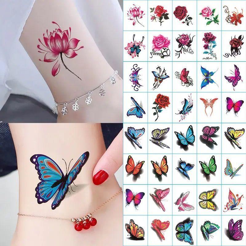 100 Sheets Flower Temporary Tattoo Stickers Rose Butterfly & Multicolor Mixed Styles Waterproof Removable Long Lasting Durable Realistic Body Art