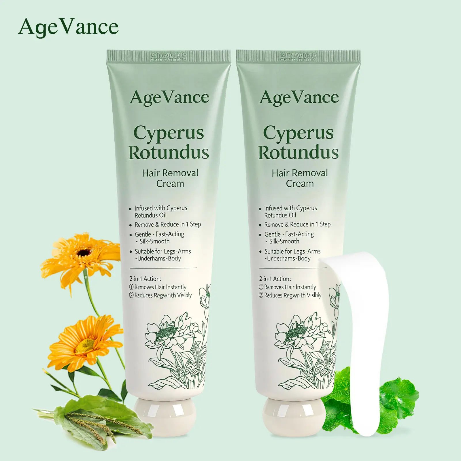 AgeVance Cyperus Rotundus Hair Removal Cream 2-Pack Bundle - Vegan Plant-Based Cosmetic, Gentle Fast-Acting with Cyperus Oil, Unisex Body Care for Legs & Arms, Silky Smooth Skin