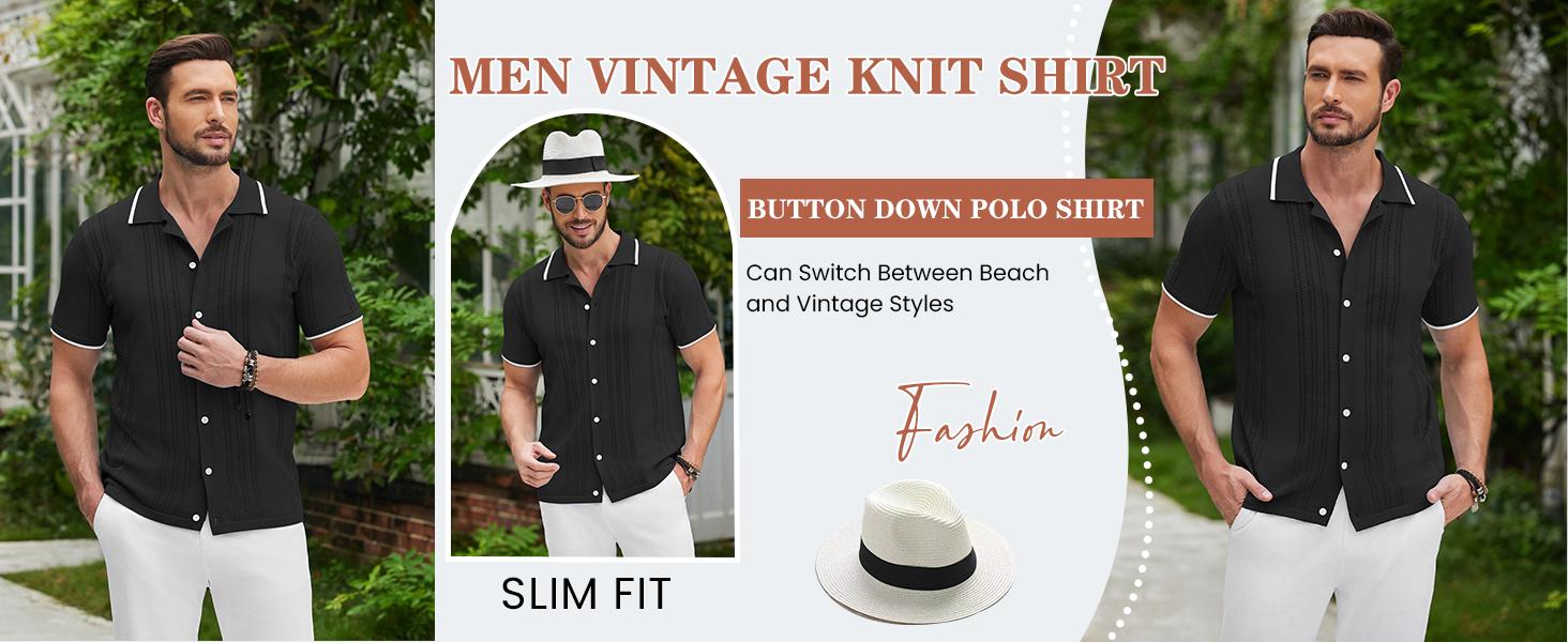 COOFANDY Men's Knit Button Down Shirt Vintage Short Sleeve Polo Shirts Casual Beach Tops Menswear