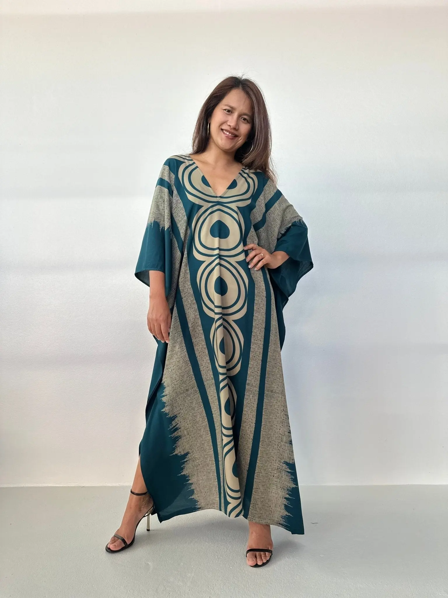 Bohemian Kaftan with Teal Echoeye Tribal-Inspired Print - Handmade Rayon Loungewear, Soft & Breathable