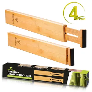Vico Vibes Adjustable Bamboo Drawer Dividers, 17-22” Expandable Utensil Organizers for Kitchen, Dresser, Closet, Bathroom & Office – 4 Pack Natural Bamboo Drawer separators