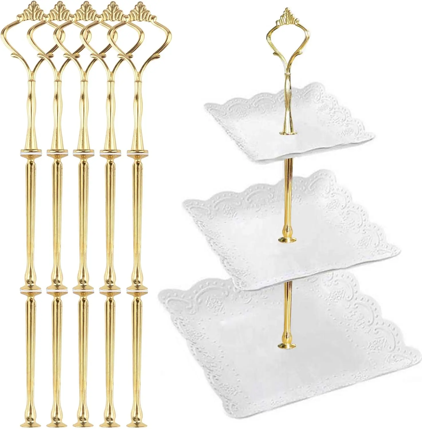 1Set 3-Tier Tiered Tray Hardware Kit - Golden Crown Handle Fitting Rods (Bamboo, Wooden, Metal, Zinc Alloy), Heavy Duty for Ceramic, Glass, Plastic Fruit Cake Plates, Dessert Stands (Plates Not Included) for Party Decor