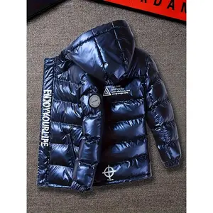 Boys' Winter Warmth Jacket, Casual Polyester 100% Long Sleeve with Zipper, Alphabet Pattern, Regular Fit, Non-Stretch Fabric, Cardigan Collar, Thickened Coat for Fall/Winter