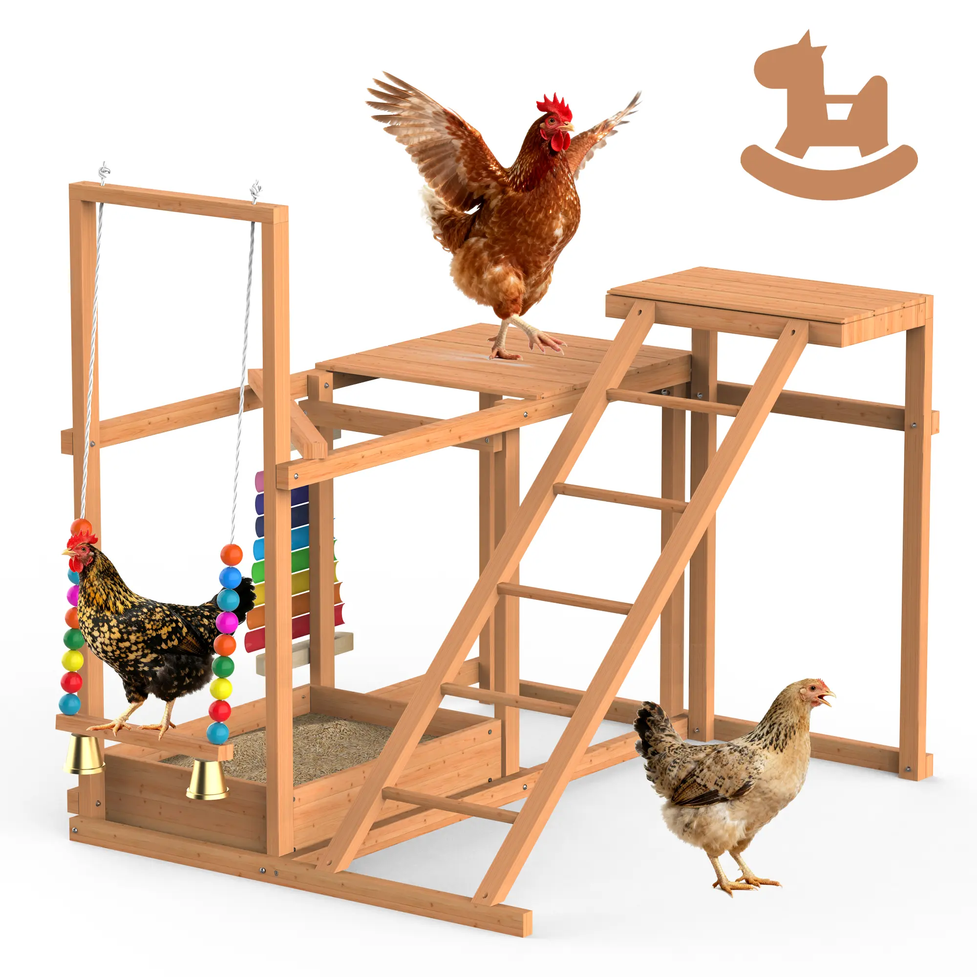 Gojooasis Chicken Coop, Chicken Perches with Swing Toy & Ladder & Platforms & Food Storage, Poultry Coop Cage Accessory Toy Outdoor for Entertainment Backyard Farm sohochic