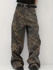 Men's New American Retro Leopard Print Jeans High Street Wide Leg Straight Leg Casual Pants