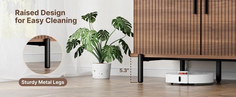 Fluted TV Stand & Storage Cabinet, Sliding Tambour Doors, Open Shelves, Modern Media Console for Living Room, Bedroom & Kitchen