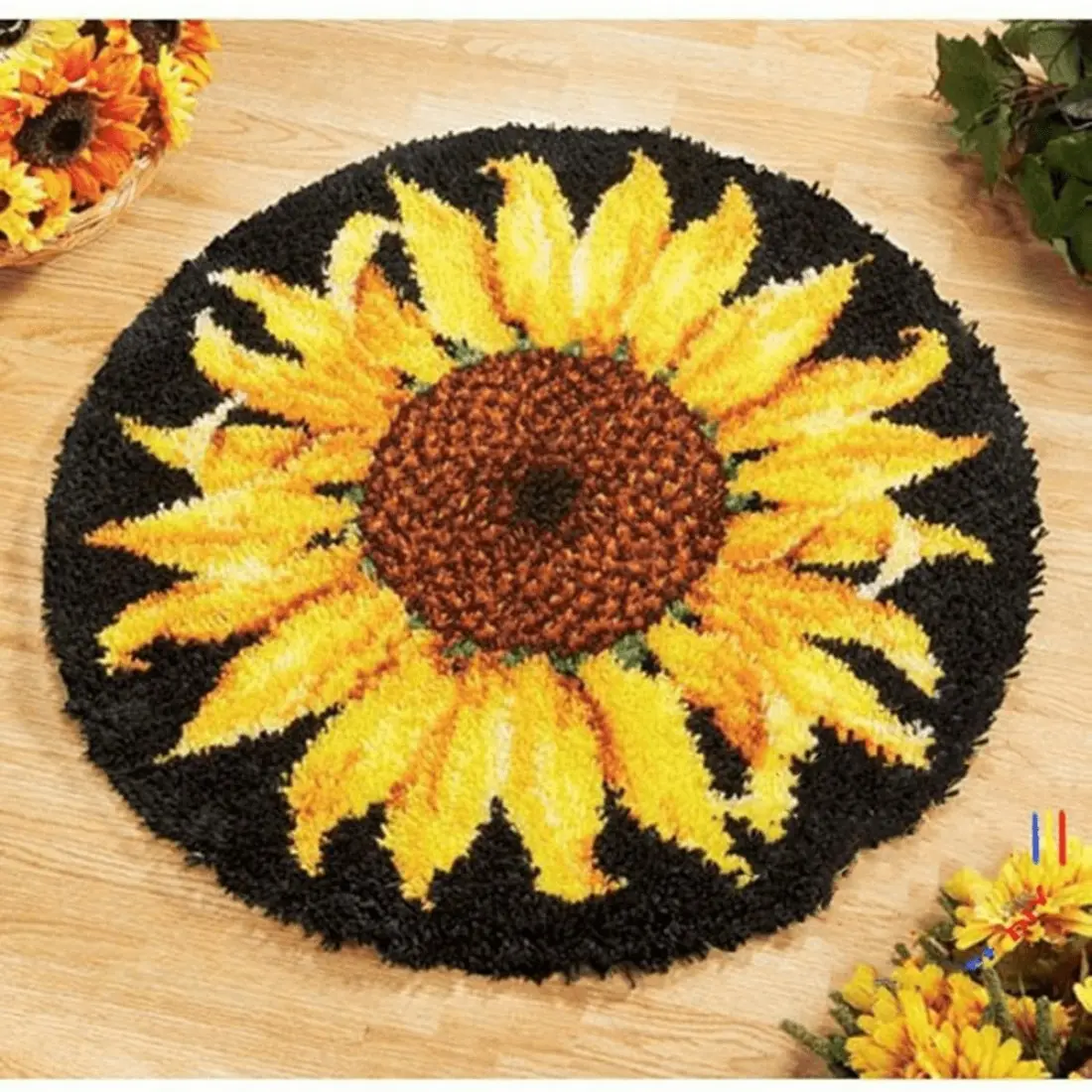 Adult Sunflower Pattern Latch Hook Crafting Kit, Printed Canvas DIY Crochet Yarn Kit for Rug Embroidery Decoration, 20.4in x 20.4in (52*52cm)