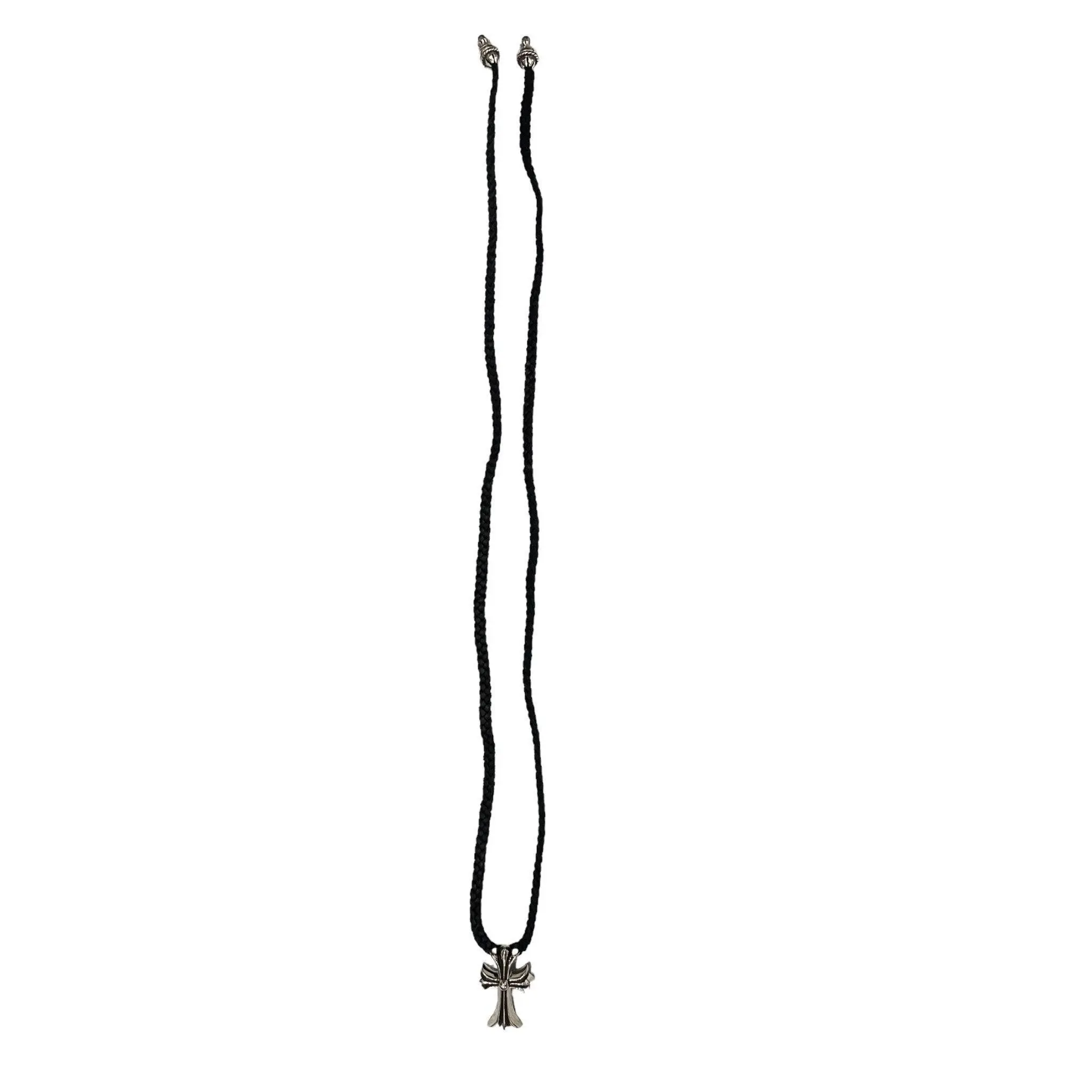 Chrome Hearts Silver Cross Pendant w/ Black Rope Chain