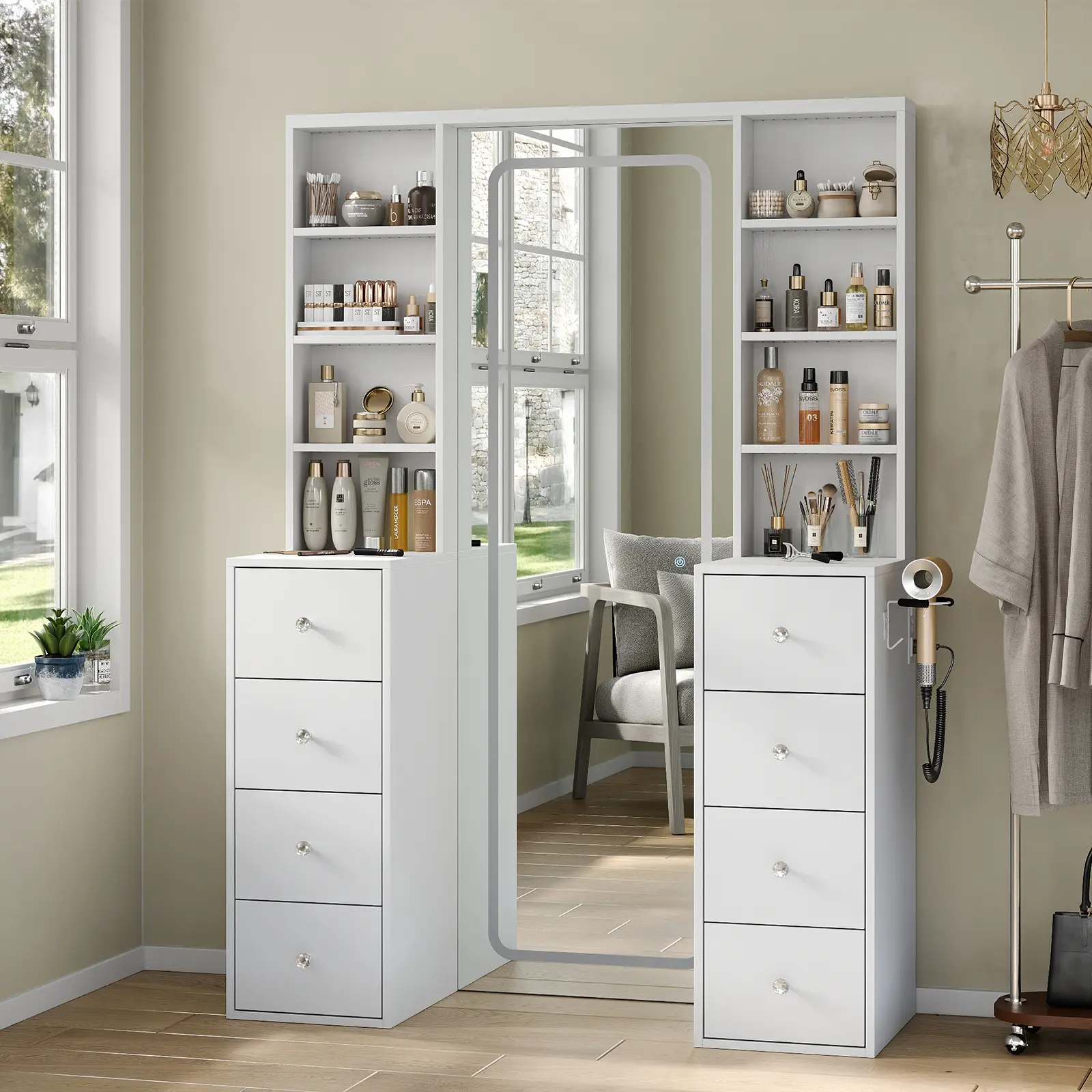 [Shipping By 2 Packages] FUSOU Vanity Desk with Full Length LED Mirror, Tall Makeup Vanity with Power Outlet, 3 Color Modes, Brightness Adjustable, 8 Drawers with Shelves Vanity Table for Bedroom, Deals For You Days