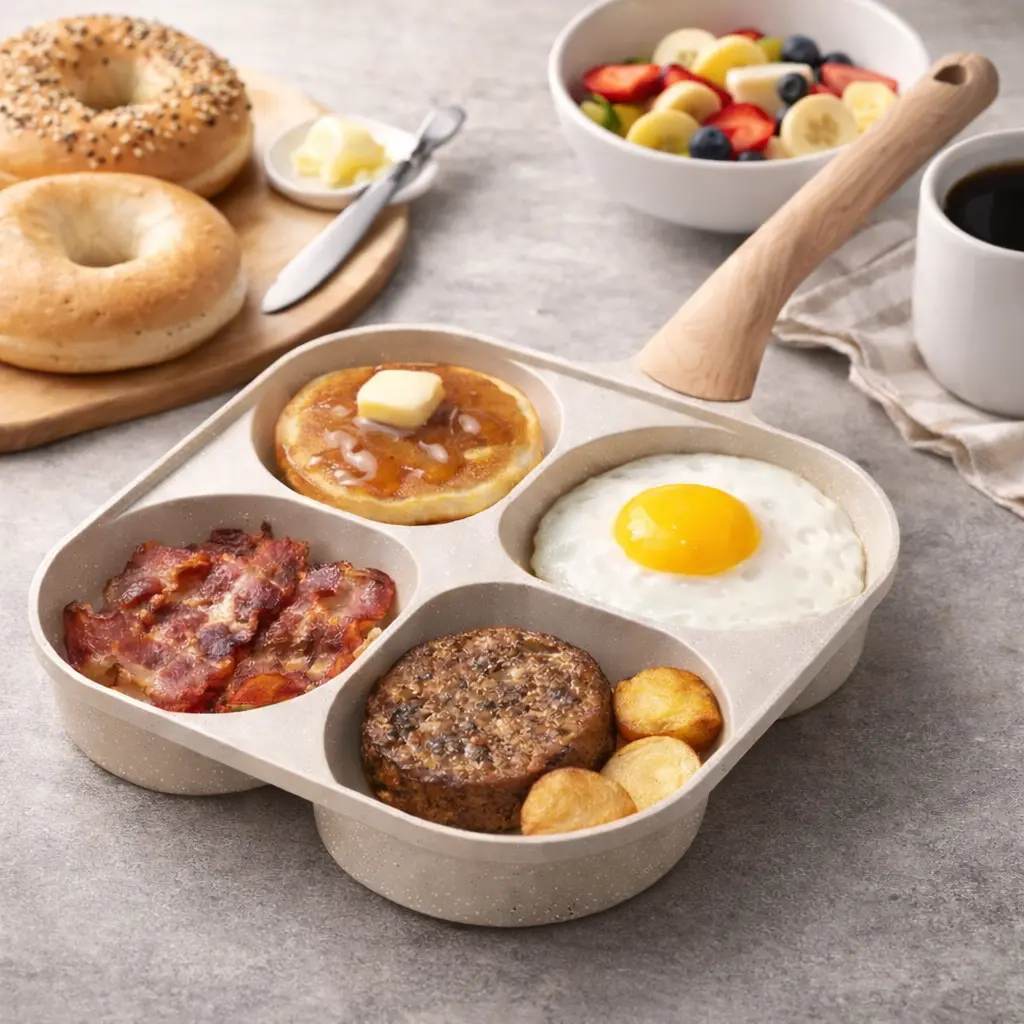 7-8 Inches 4-Hole Egg Frying Pan Skillet - Granite Medical Stone Surface, Wooden Handle, Easy Clean, Multifunctional for Couples’ Brunch, Quick Meals, Meal Preps, Works on Gas Stove & Induction, Home Chef Cookware
