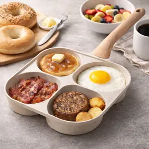 4 Hole Egg Frying Pan Skillet | Comal para Tortillas, Omelet & Pancake Maker, Granite Medical Stone Surface, Wooden Handle, Easy Clean, Works on Gas Stove & Induction, Multifunctional Breakfast Cookware for Home Chefs