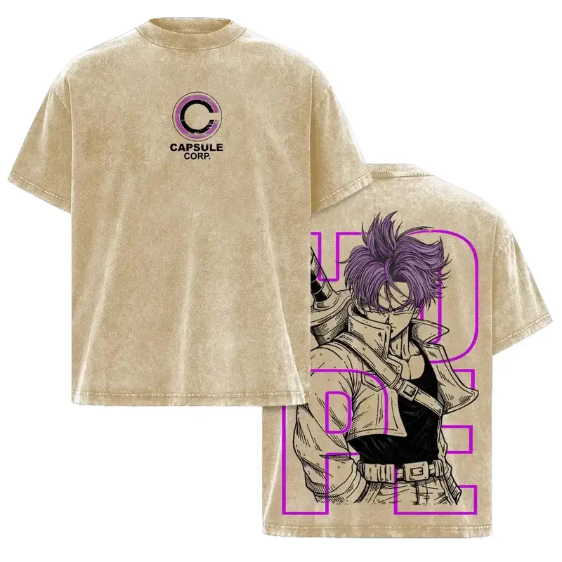 Future Trunks DBZ Graphic Tee Vintage Washed Shirt Unisex Anime Streetwear Capsule Corp Saiyan Top Dragon Ball Z Retro 90s Y2K Fashion Japanese Manga Clothing Gift For Anime Lovers DBZ Fans Cool Otaku Merch Cosplay Everyday Black Menswear fit t-shirt