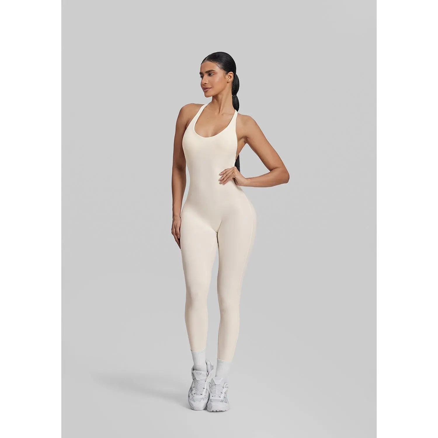 Women's Fitted Criss Cross Neck Strappy Plunge Full-Length Bodysuit - Built-in Bra, Soft Sweat-Wicking Breathable Fabric, Open Back Gym Workout Wear - Gym Girl Collection