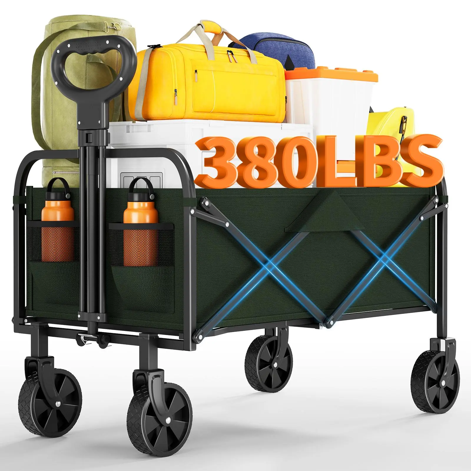 220L Heavy Duty Collapsible Wagon Cart – Large Capacity Folding Utility Trolley with Adjustable Handle, 5" All-Terrain Wheels, Side Pocket, Portable Outdoor Cart for Camping, Beach, Garden, Picnic, Shopping, Fishing