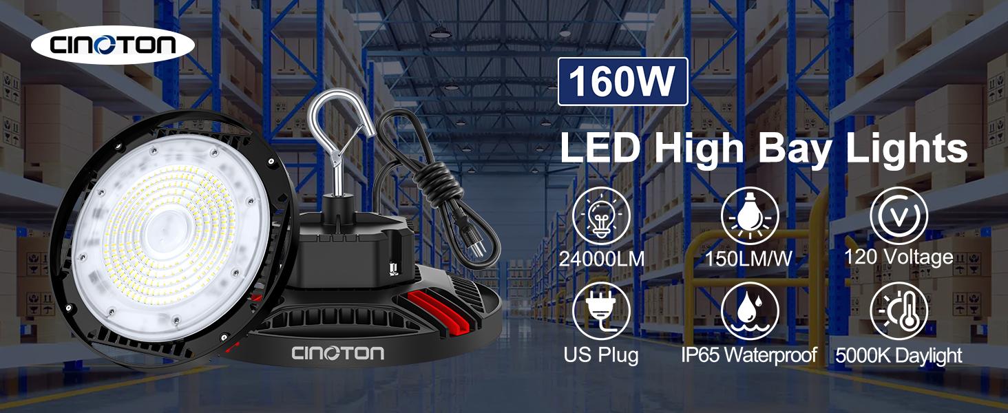 CuLiDing UFO High Bay Lights 24000lm LED Shop Lights 5000K Daylight 120V Commercial Bay Lighting for Warehouse Garage Factory Barn US Plug