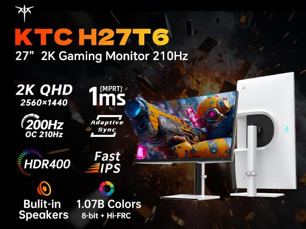 KTC 27" 2K IPS 200Hz HDR400 Gaming Monitor Built-in Dual 2W Speakers, 2560*1440@144Hz, overclockable to 210Hz, 1ms response time, H27T6